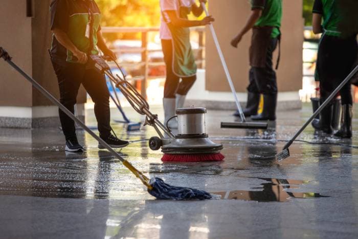 Commercial exterior cleaning service in action